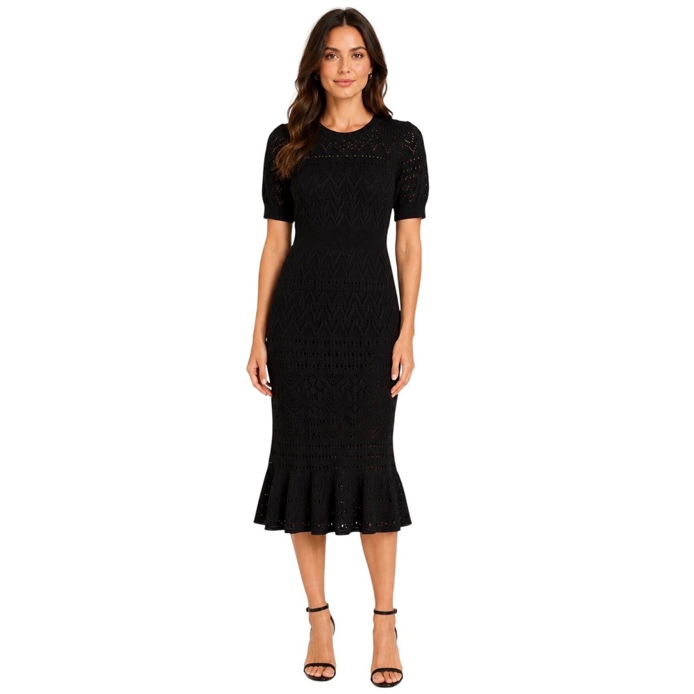 Rachel Zoe Black Pointelle Knit Midi Dress Medium Short Sleeve Ruffle Hem